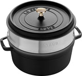 STAUB Gusseisen Bräter/Cocotte, Mit Dämpfeinsatz Aus Edelstahl, Rund 26 Cm, 5,2 L, Aromaregen Funktion Für Optimale Befeuchtung, Für Alle Herdarten Inkl. Indukcja i Backofen, Kirschrot, Rot Formy i blachy do pieczenia Naty Shop Schwarz