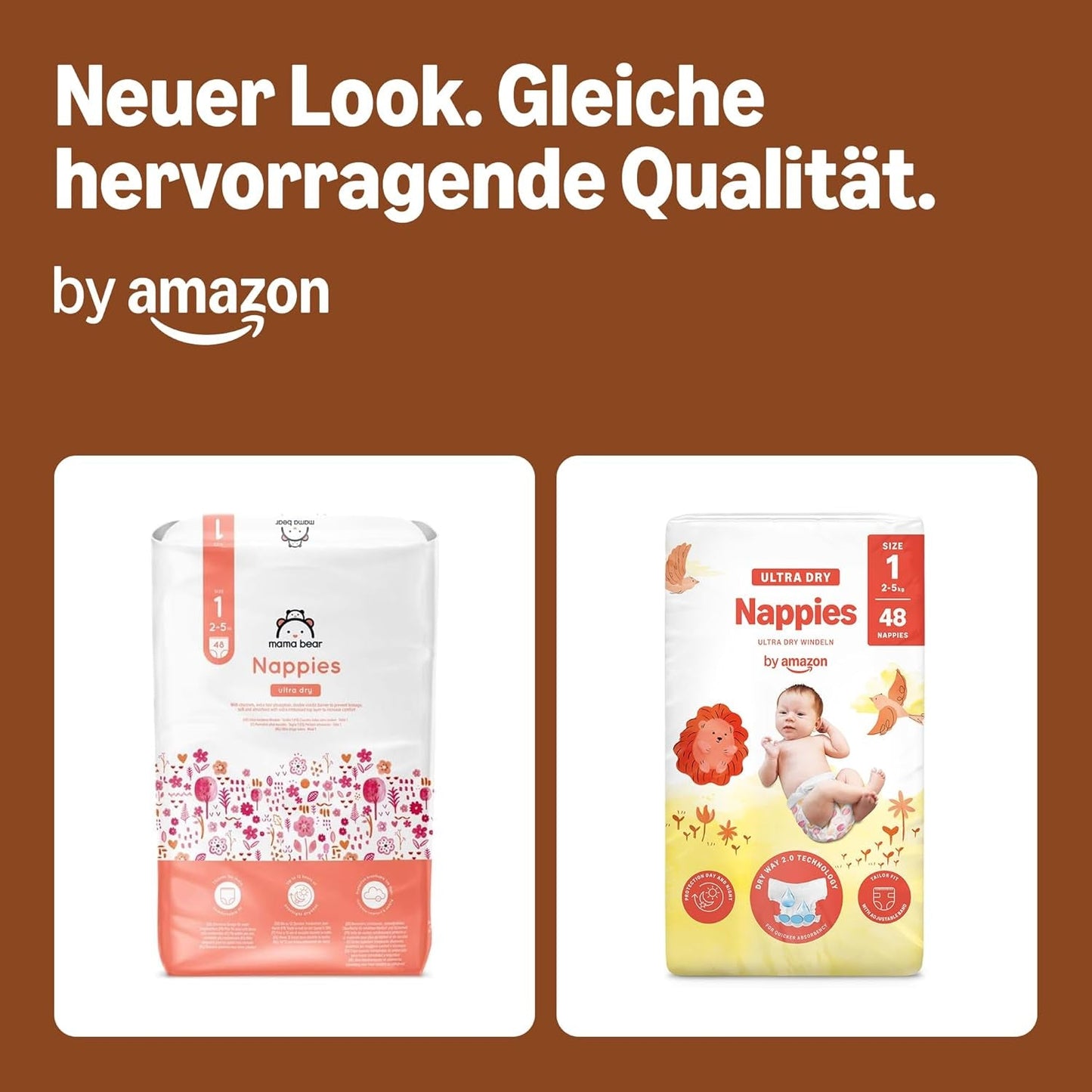 Pieluchy Amazon Ultra Dry, rozmiar 1 (2-5 kg) - pudełko miesięczne, białe, 96 sztuk (2 opakowania po 48) (dawniej marka Mama Bear, identyczny produkt)