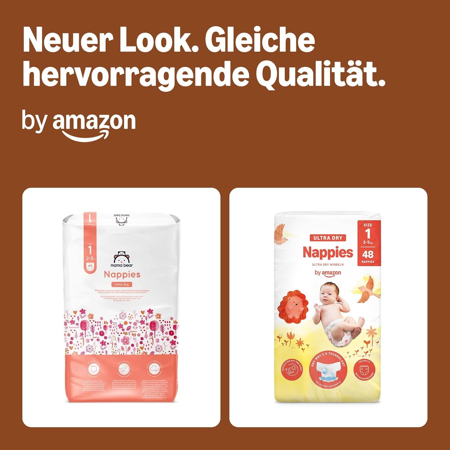 Pieluchy Amazon Ultra Dry, rozmiar 1 (2-5 kg) - pudełko miesięczne, białe, 96 sztuk (2 opakowania po 48) (dawniej marka Mama Bear, identyczny produkt)