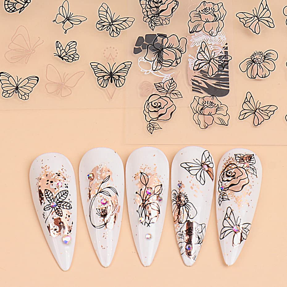 JMEOWIO Nagelsticker Różowe złoto Schwarze Blume 12 Blatt Nail Art Naklejka Selbstklebend Nagelaufkleber Frühlings Linie Abstraktes Blatt Dekoration Nageldesign Zubehör