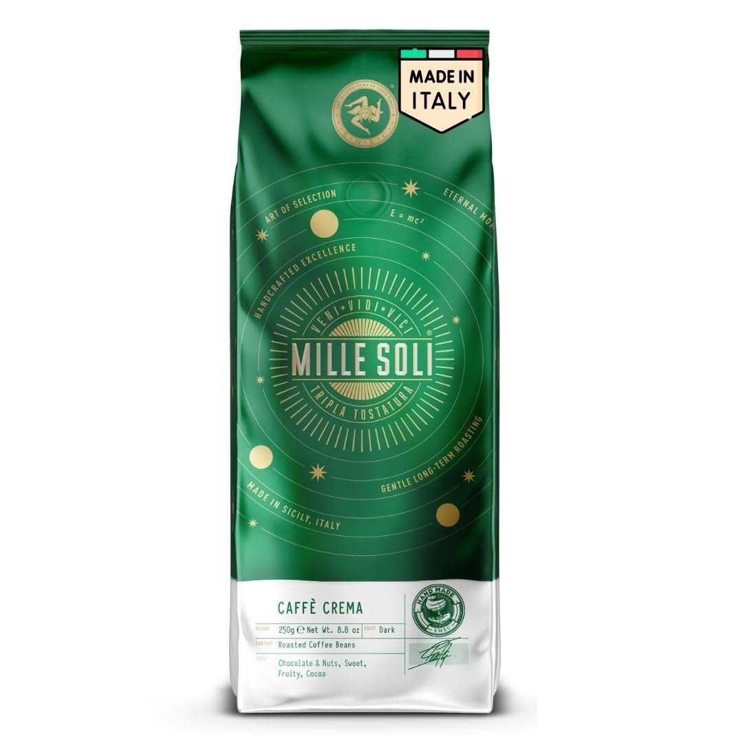 Caffè Crema - Kawa ziarnista palona na Sycylii - Tradycyjny długi proces palenia z doskonałą pianką, worek 250 g, wyjątkowo niska kwasowość do w pełni automatycznych maszyn i kolby