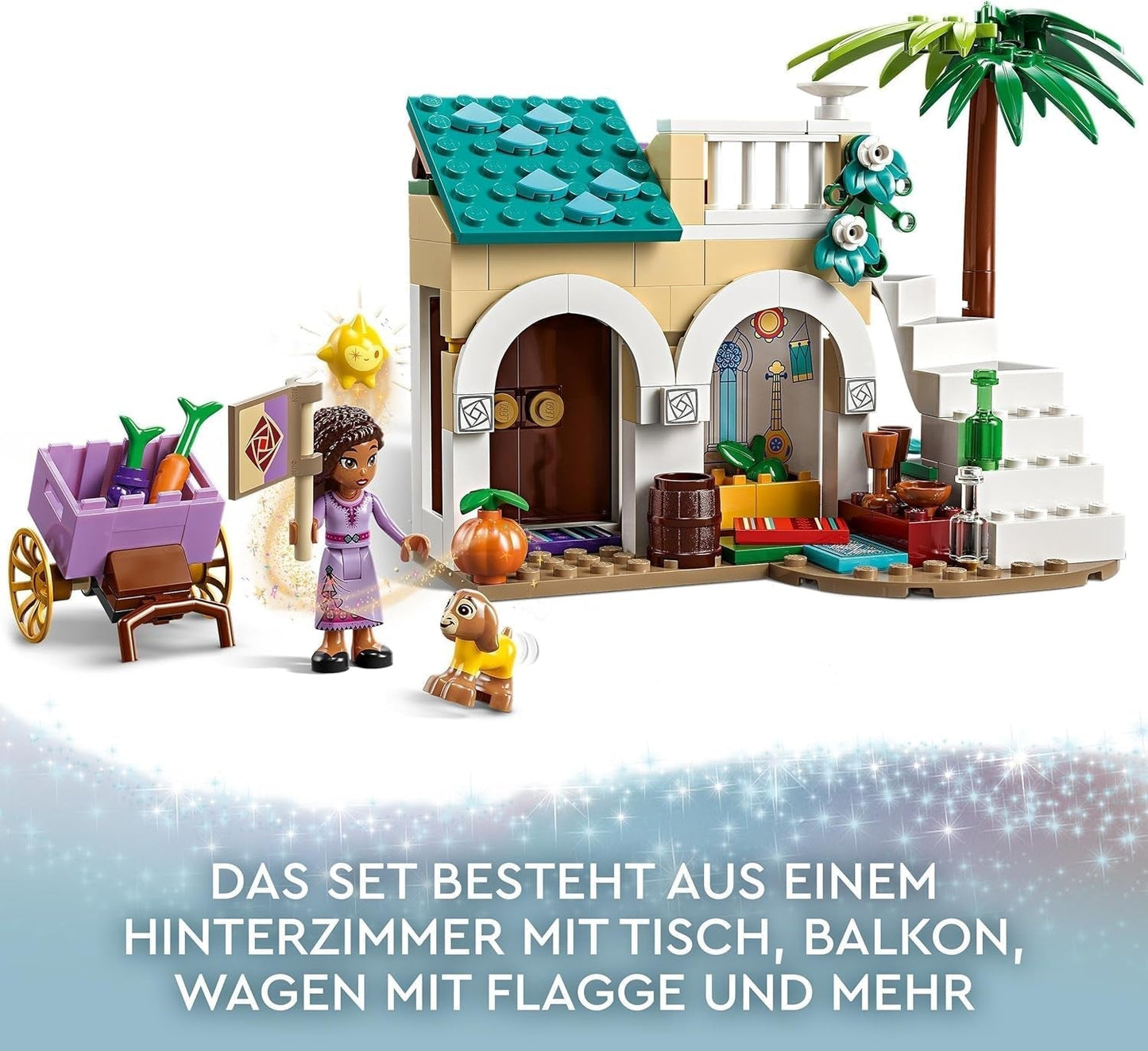 LEGO 43223 Disney Życzenie Ashy w Rosas City, zestaw filmów życzeń z targiem, mini lalka Asha, Valentino jako zabawka-koza i figurki gwiazd, prezent dla dzieci w wieku 6 lat, zestawy do budowania dla dziewcząt i chłopców w sklepie LEGO