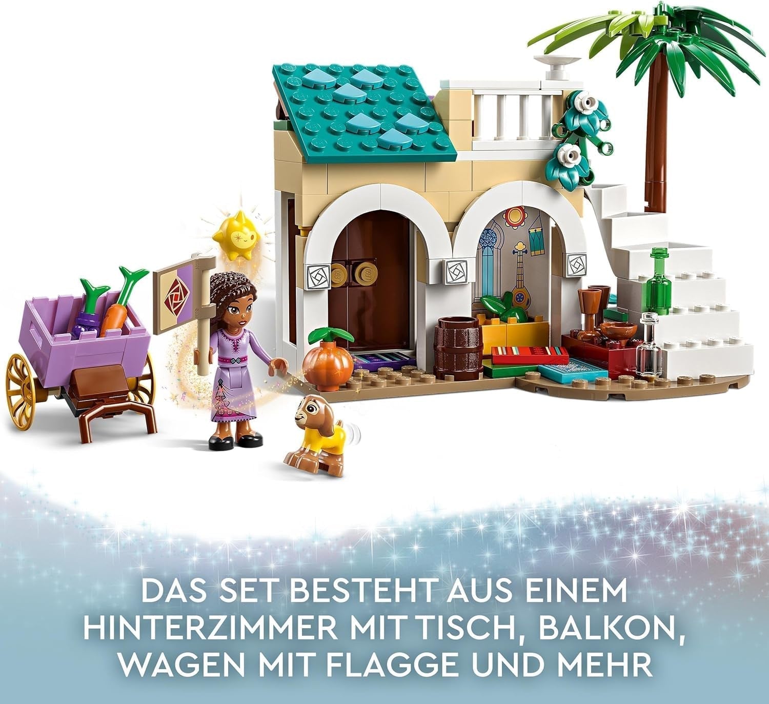 LEGO 43223 Disney Życzenie Ashy w Rosas City, zestaw filmów życzeń z targiem, mini lalka Asha, Valentino jako zabawka-koza i figurki gwiazd, prezent dla dzieci w wieku 6 lat, zestawy do budowania dla dziewcząt i chłopców w sklepie LEGO