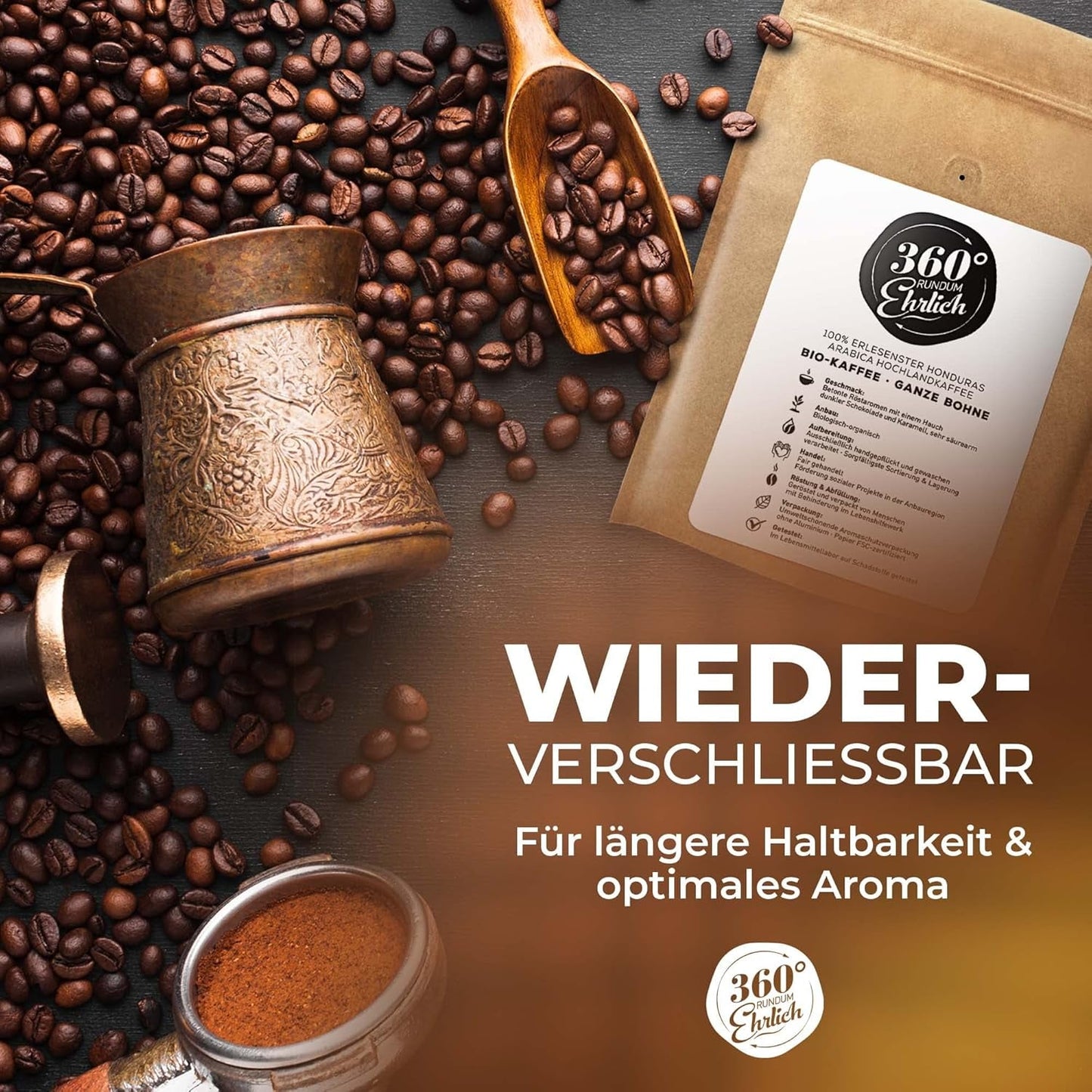 Premium Bio Kaffeebohnen 1000g, 100% Honduras Hochland Arabica Kaffeebohnen Bio - Köstlich, łagodna, säurearm - Bio Kaffee ganze Bohnen - Ideal als Kaffeebohnen Vollaautomat - 360° Rundum Ehrlich