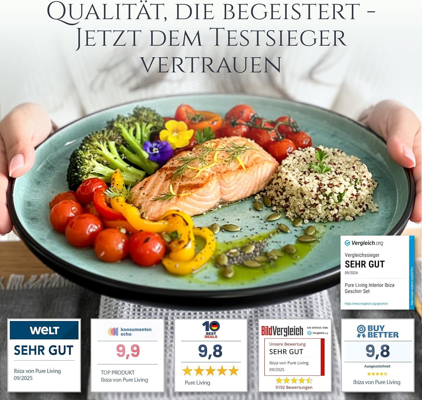 24-częściowy zestaw obiadowy z kamionki ceramicznej dla 6 osób, projekt Ibiza, ZWYCIĘZCA TESTU. Wspaniały śródziemnomorski zestaw zastawy stołowej obejmujący miski i talerze. Zestaw zastawy stołowej Pure Living w kolorze szałwiowej zieleni.