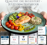24-częściowy zestaw obiadowy z kamionki ceramicznej dla 6 osób, projekt Ibiza, ZWYCIĘZCA TESTU. Wspaniały śródziemnomorski zestaw zastawy stołowej obejmujący miski i talerze. Zestaw zastawy stołowej Pure Living w kolorze szałwiowej zieleni.