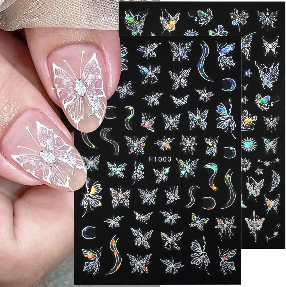 4 Blätter Holographisch Laser Weiß Schmetterling Nagelsticker,Y2K Aurora Schmetterlinge Stern Nail Naklejka 3D Flamme Herz Nageldesign Nagelsticker Selbstklebend Nagel Naklejka Nagel Zubehör Nail Art