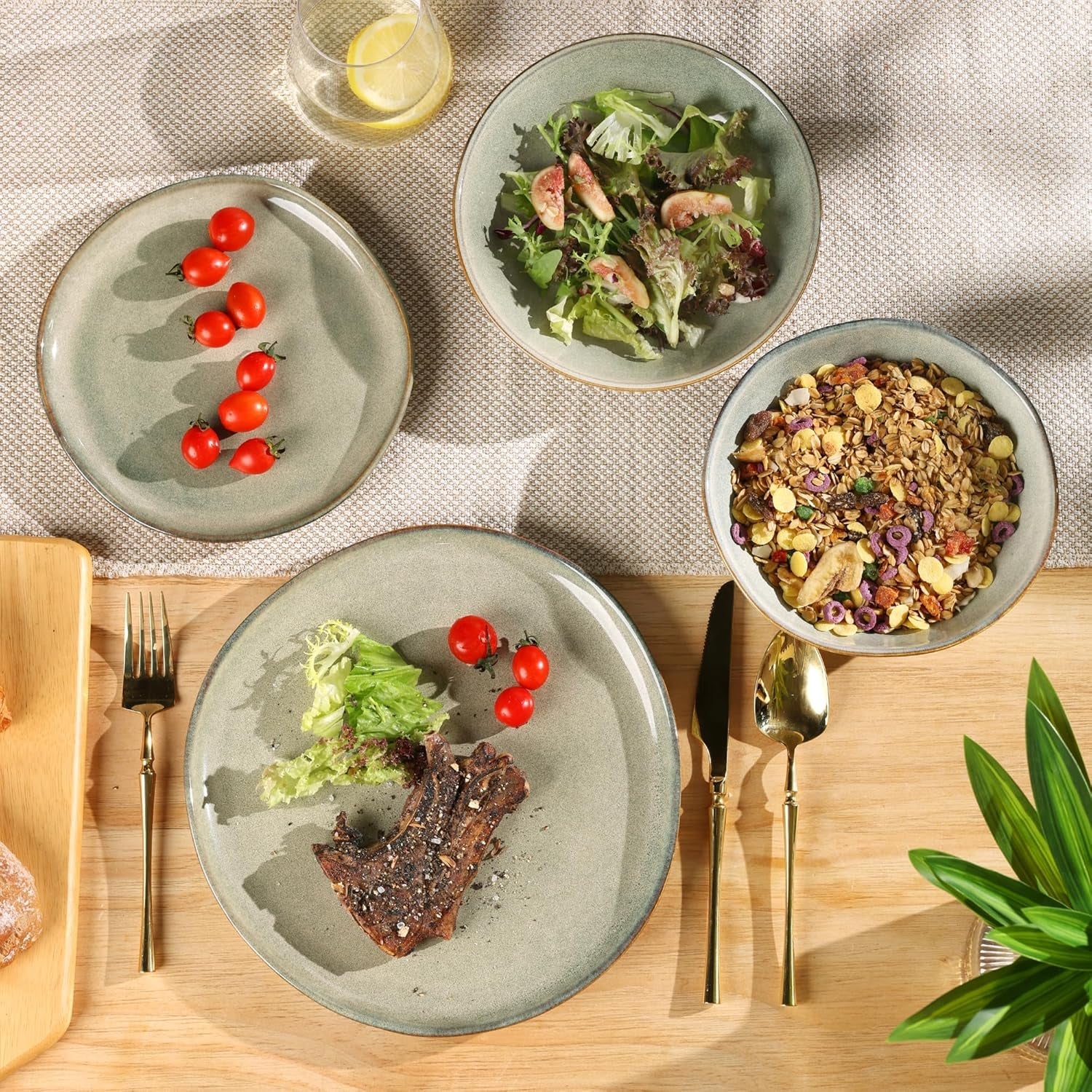 GBhome Zestaw ceramicznych naczyń obiadowych dla 6 osób 24-częściowy zestaw z glazurą reaktywną Ręcznie robiony zestaw misek i talerzy do kuchenki mikrofalowej i mycia w zmywarce Desret Sage GDW007GY-24P-EU