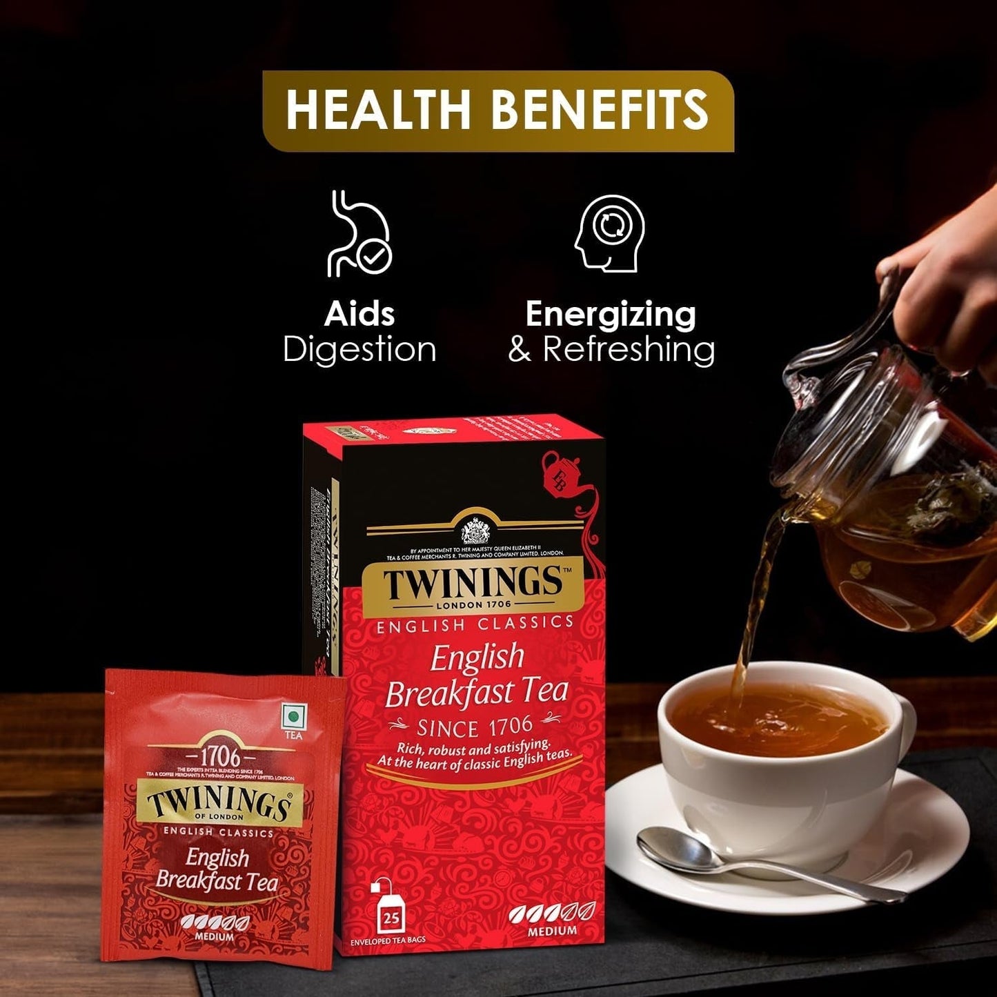 Twinings English Breakfast Black Tea 50g, 25 torebek, pełna, okrągła i mocna herbata czarna, pochodząca z najlepszych plantacji herbaty na Sri Lance i w Indiach. Herbata czarna Opakowanie 1 szt. (1 x 50 g)