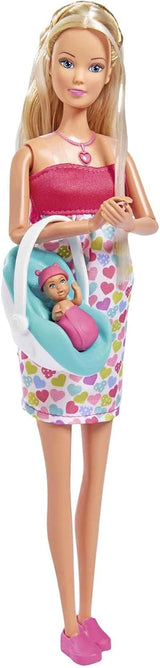 Simba 105733480 - Plecak dziecięcy Steffi Love, lalka w ciąży z dzieckiem i wspaniałymi dźwiękami, akcesoria dla dzieci i nosidełko, różowe lalki Naty Shop