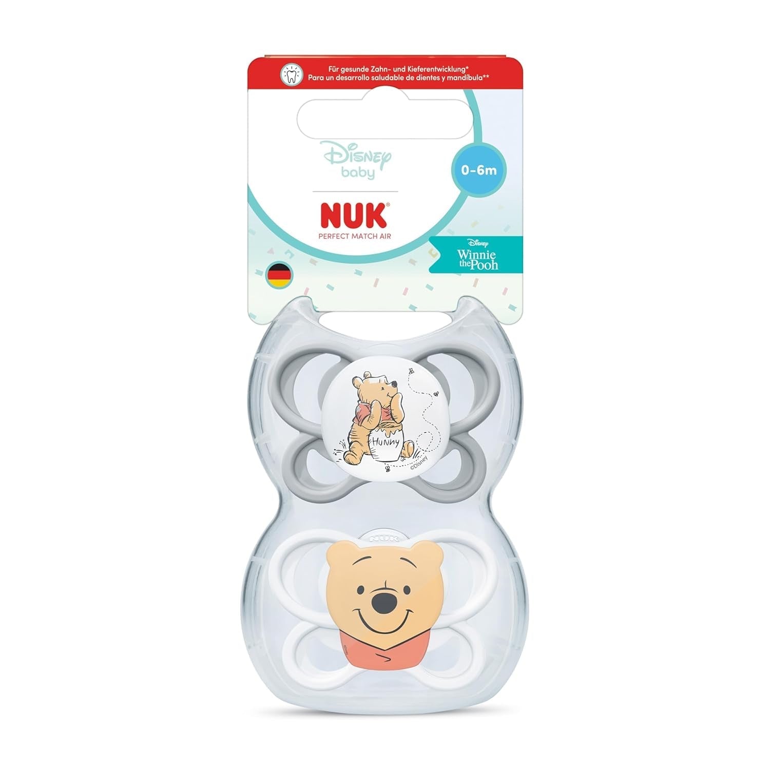 Smoczki NUK Perfect Match Air dla niemowląt | 0-6 miesięcy | Smoczki ortodontyczne, które wspomagają cyrkulację powietrza i zapobiegają wysypce spowodowanej śliną | 95% akceptacji przez dzieci** | Disney Kubuś Puchatek | Opakowanie 2