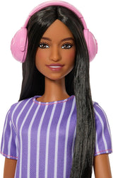 Lalka Barbie Fashionistas nr. 245, autystyczna lalka w fioletowej sukience w paski i akcesoriami takimi jak fidget spinner, tablet i słuchawki, JJN58