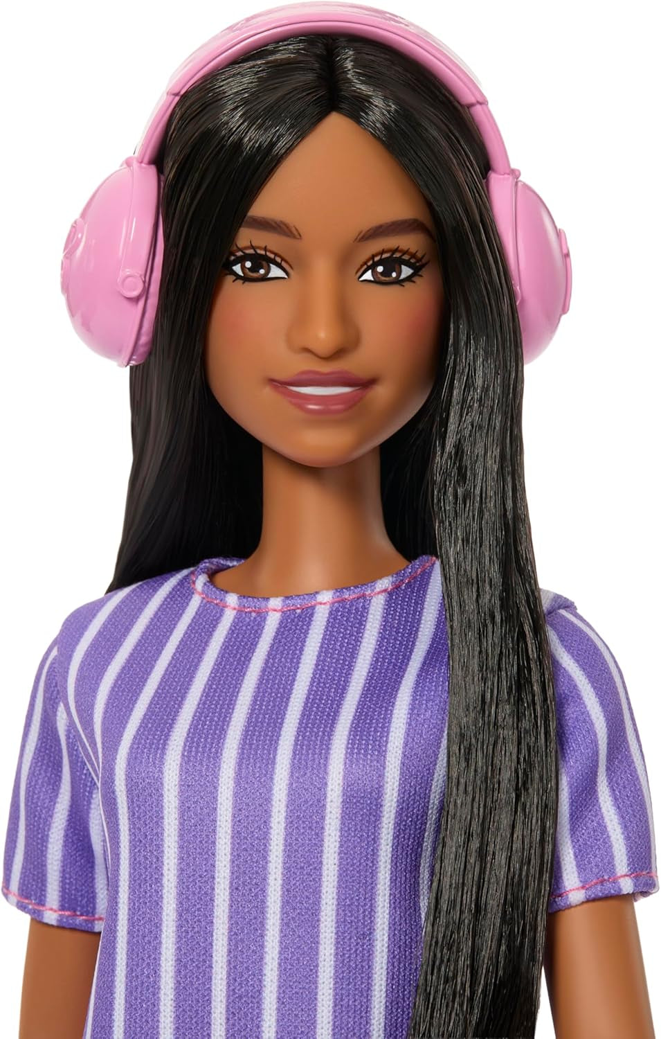 Lalka Barbie Fashionistas nr. 245, autystyczna lalka w fioletowej sukience w paski i akcesoriami takimi jak fidget spinner, tablet i słuchawki, JJN58