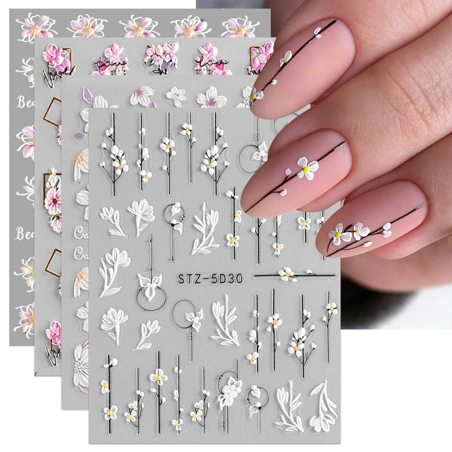 JMEOWIO 3D Nagelsticker Frühling Blume Nail Art Naklejka Selbstklebend Nagelaufkleber 5D Stereoskopisch Blumen Dekoration Nageldesign Zubehör 4 Blatt