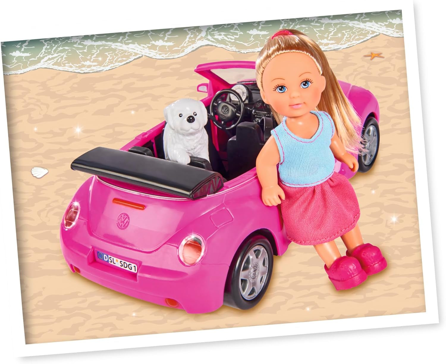 Simba 105731539 - Evi Love Beetle Evi's, Evi z samochodem, samochód: 22 cm, z psem, modną lalką, 12 cm, dla dzieci od 3 lat