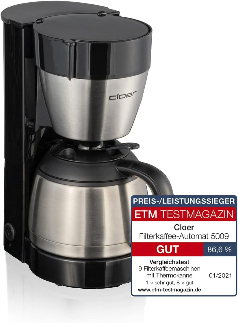 Cloer 5009 Utrzymujący ciepło ekspres do kawy z filtrem na maksymalnie 8 filiżanek 800 W z izolowaną karafką ze stali nierdzewnej 1x4 filiżanka filtrująca czarna