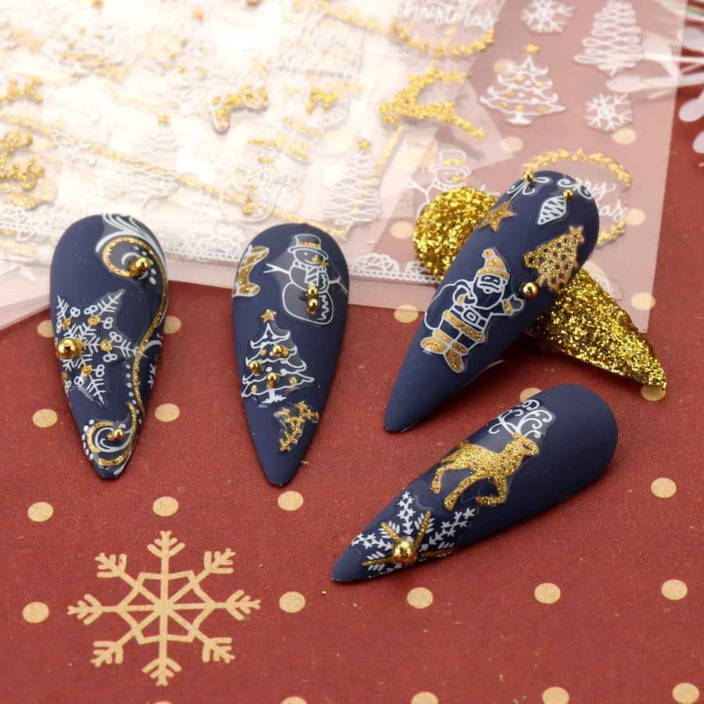 JMEOWIO Nagelsticker Weihnachten 9 Blatt Nail Art Naklejka Selbstklebend Nagelaufkleber Schneeflocke Schneemann Festival Weißes Gold Dekoration Nageldesign Zubehör
