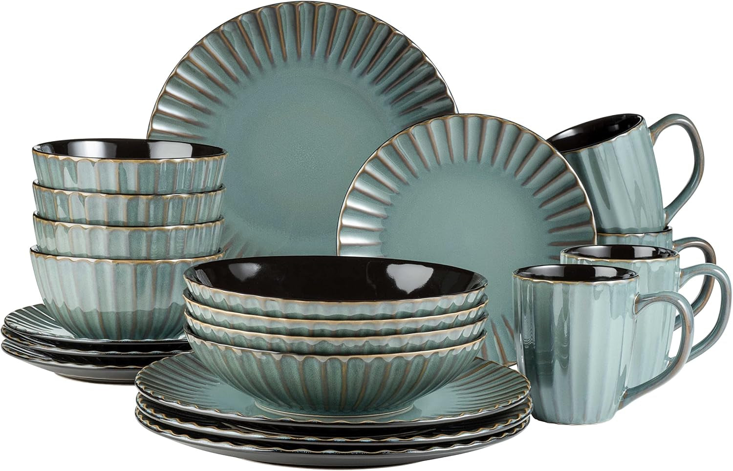 MĘSER 931964 Zestaw naczyń obiadowych z serii Confino dla 4 osób, nowoczesny wygląd vintage, ceramiczny zestaw combo, 20 sztuk, kolor benzyny z czarnymi akcentami, płytka