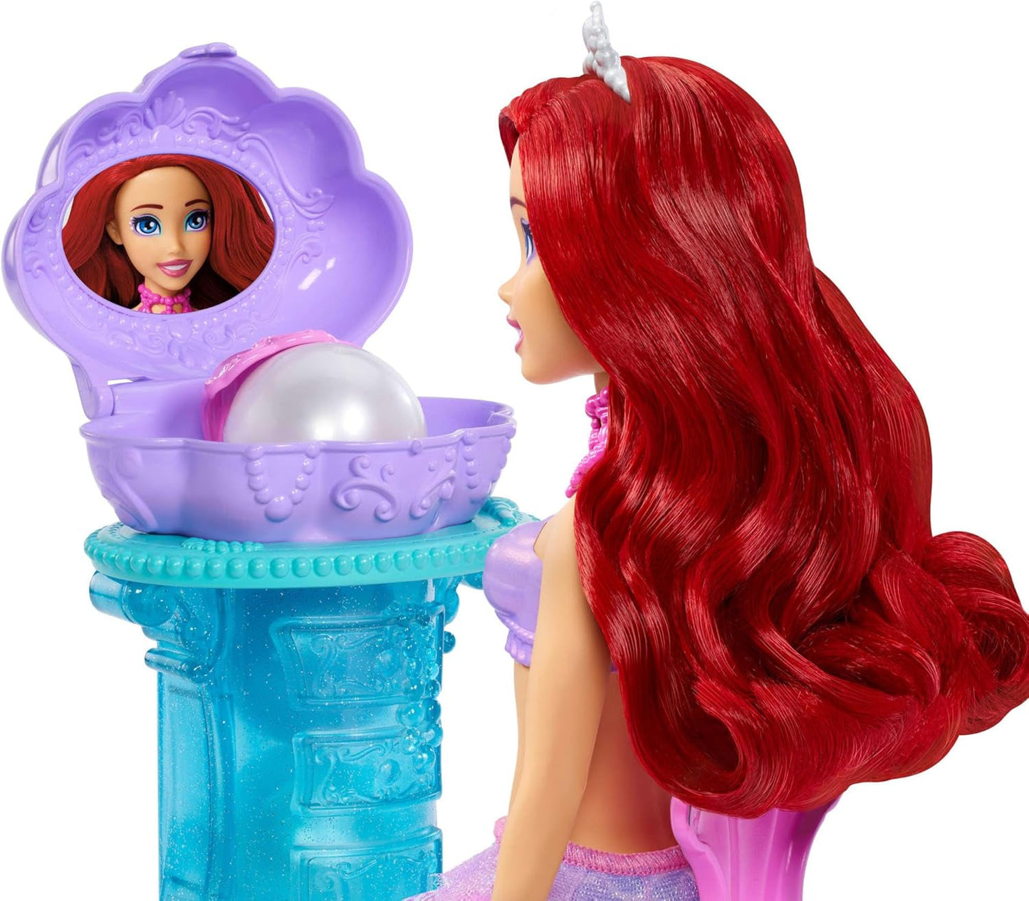 Zabawki Mattel Disney Princess, lalka do makijażu Syrenka Arielle z odpinanym ogonem, stolik do makijażu z 5 powtarzalnymi wyskakującymi niespodziankami i 5 akcesoriami, lalki JBF86 Naty Shop