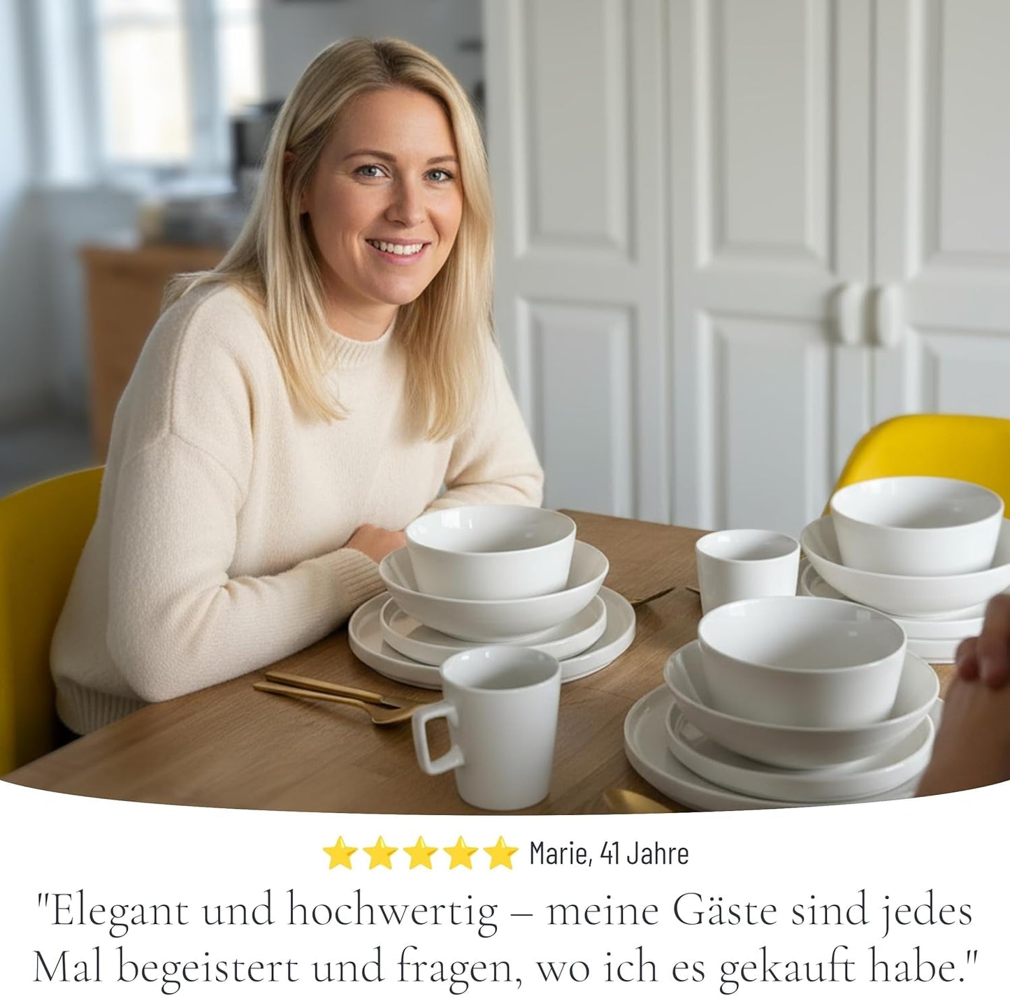 Kryształowy 48-częściowy zestaw naczyń obiadowych z porcelany ZWYCIĘZCA TESTU Zestaw naczyń z przezroczystej porcelany Miski i talerze Serwis obiadowy na 12 zestawów obiadowych Pure Living w kolorze białym