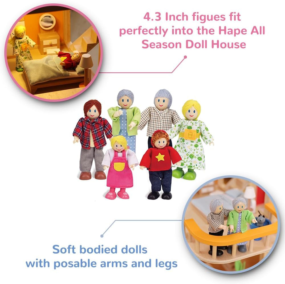 Rodzina lalek Hape Nagradzany zestaw lalek dla całej rodziny Wyjątkowe drewniane akcesoria do domku dla lalek Fantastyczna zabawa 6 członków rodziny lalek Naty Shop Dolls