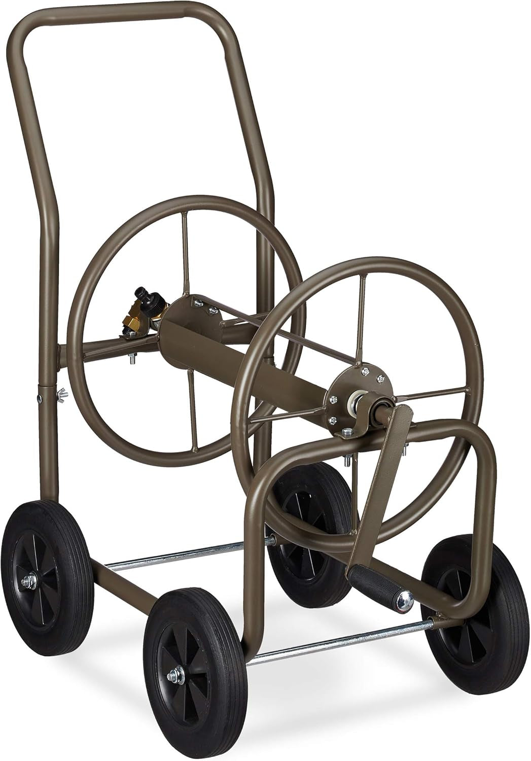 Wózek na wąż Relaxdays XL, mobilny bęben na wąż, metalowy, na wąż 60 m, 4 koła, z korbą, rolka 90°, brązowy