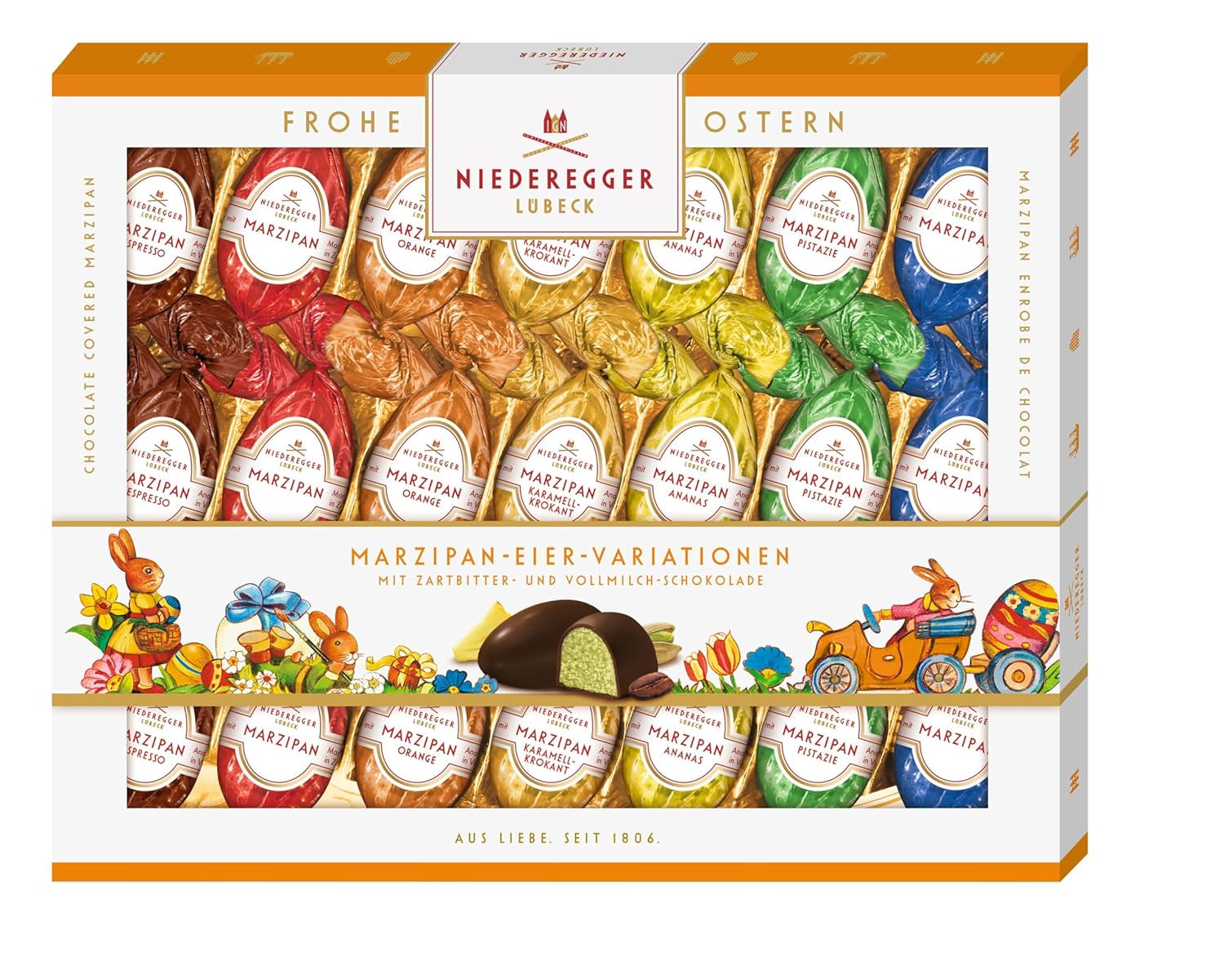 Niederegger | Jajka marcepanowe | 1x262g | Warianty: Klasyczna, Mleczna Czekolada, Pomarańcza, Karmel Crunch, Ananas, Espresso i Pistacja | Oblane gorzką i mleczną czekoladą | Prezent wielkanocny