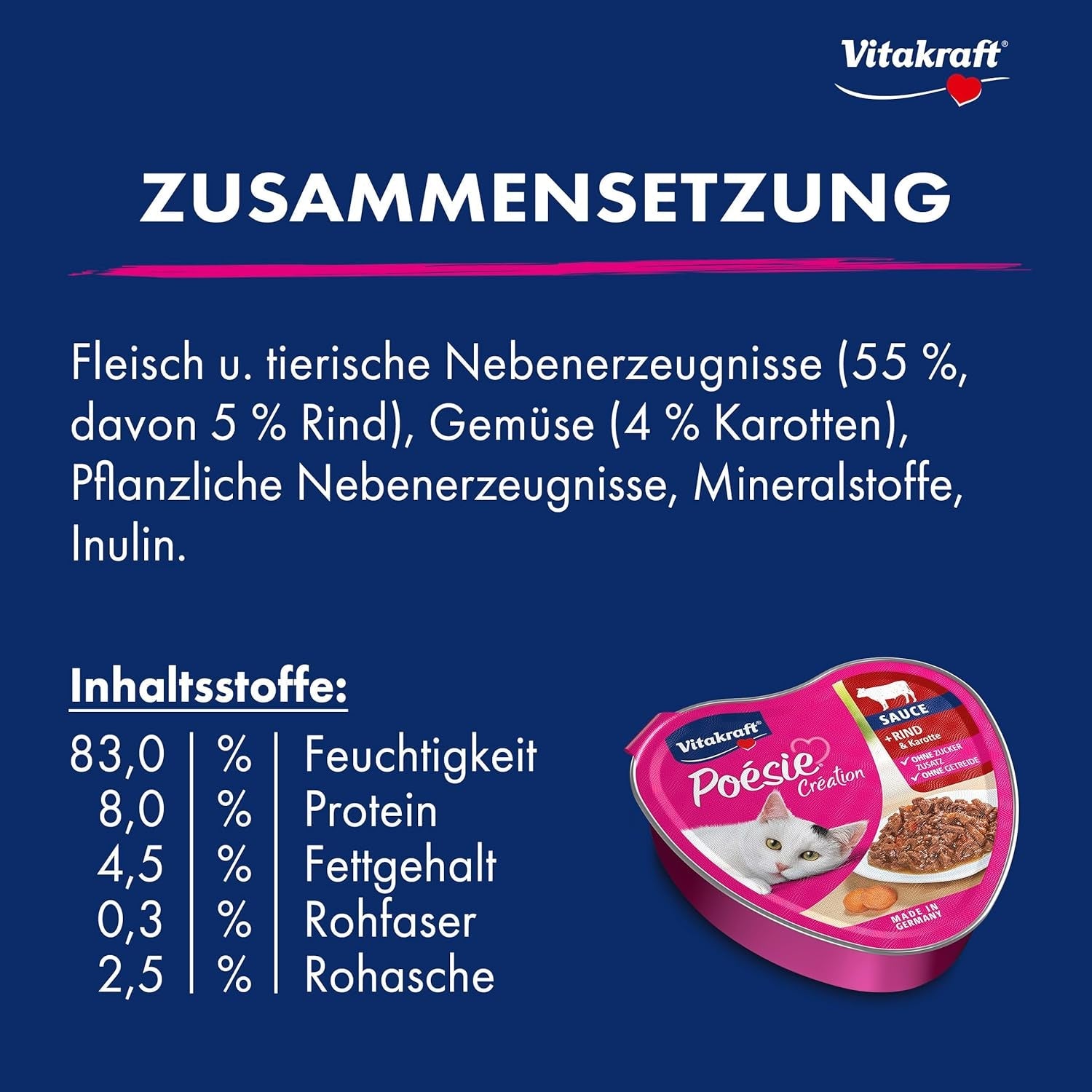 Vitakraft Poésie Création, mokra karma dla kotów, mokra karma w sosie, z wołowiną i marchewką, opakowanie zbiorcze, bez dodatku cukru i zbóż (15 x 85g)