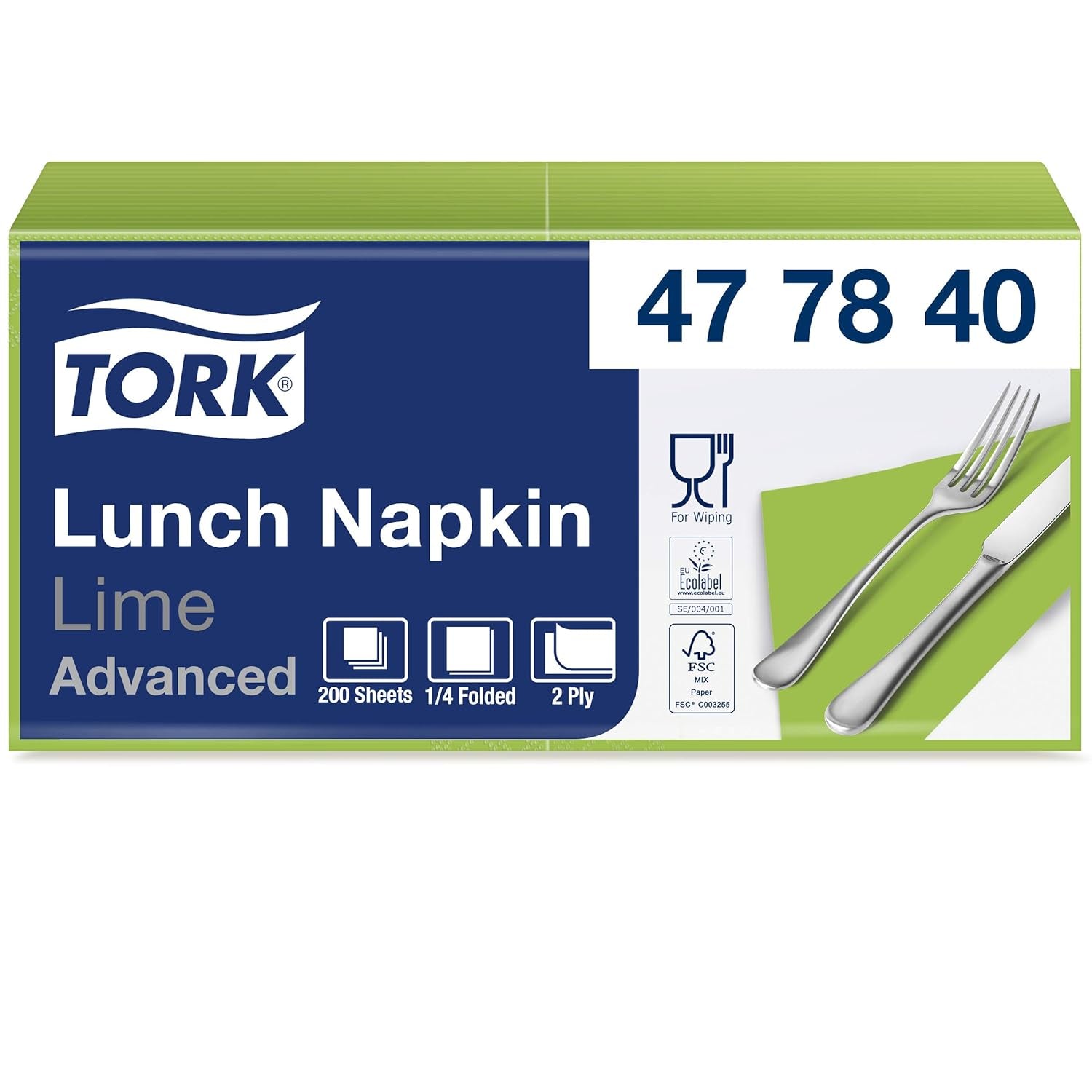 Tork 477840 Limonkowe serwetki obiadowe / 2-warstwowe serwetki do małych posiłków lub przekąsek / Zaawansowana jakość / 10 X 200 (2000) serwetki papierowe / 32,6 X 33 cm (dł. x szer.) / złożenie na 1/4