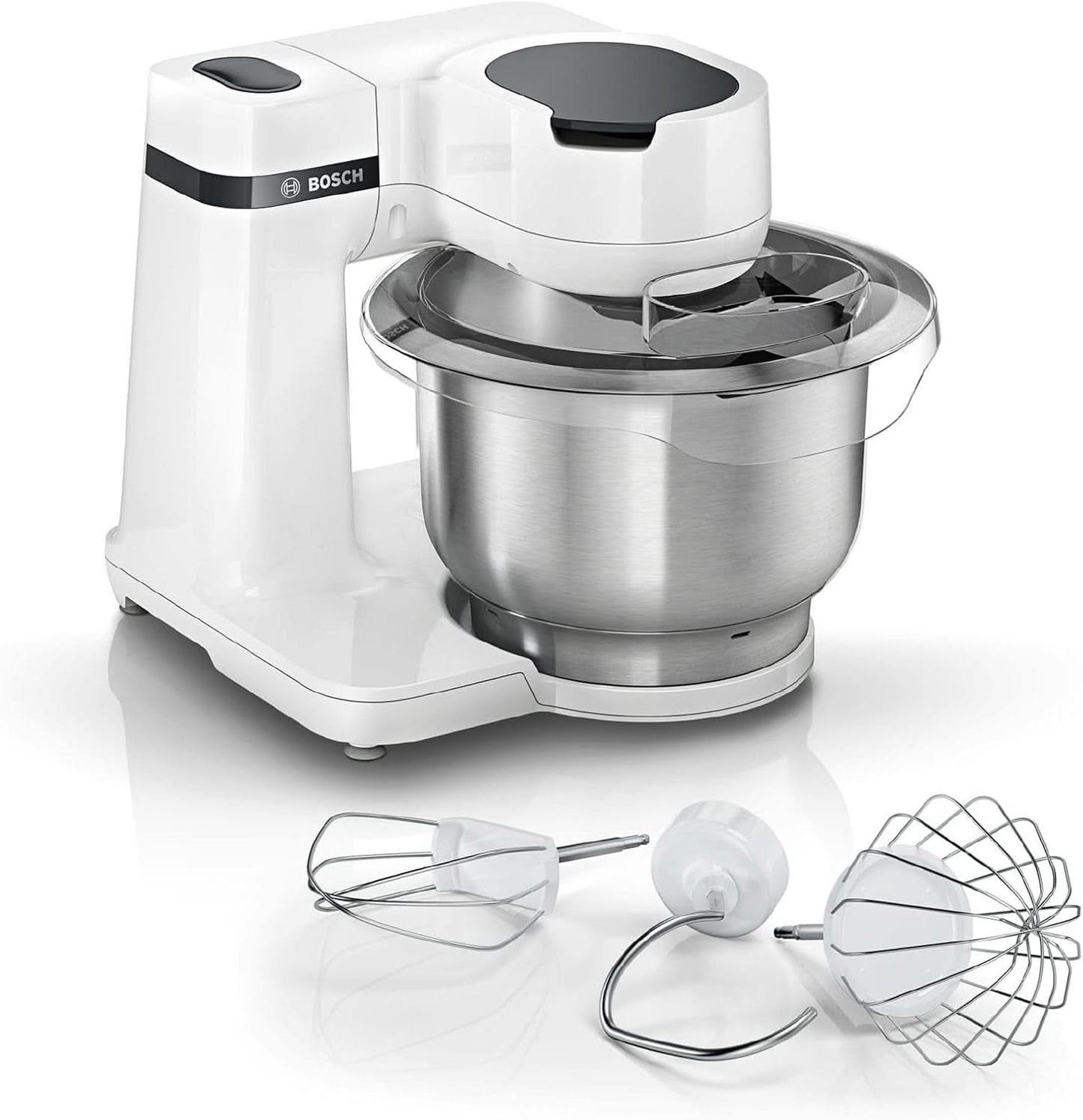 Bosch Küchenmaschine Serie 2 MUMS2EW00, Edelstahl-Schüssel 3,8 L, Planetenrührwerk, Knethaken, Schlag-, Rührbesen Edelstahl, 4 Arbeitsstufen, Durch Optiones Zubehör Erweiterbar, 700W, Weiß Kitchen Naty Shop