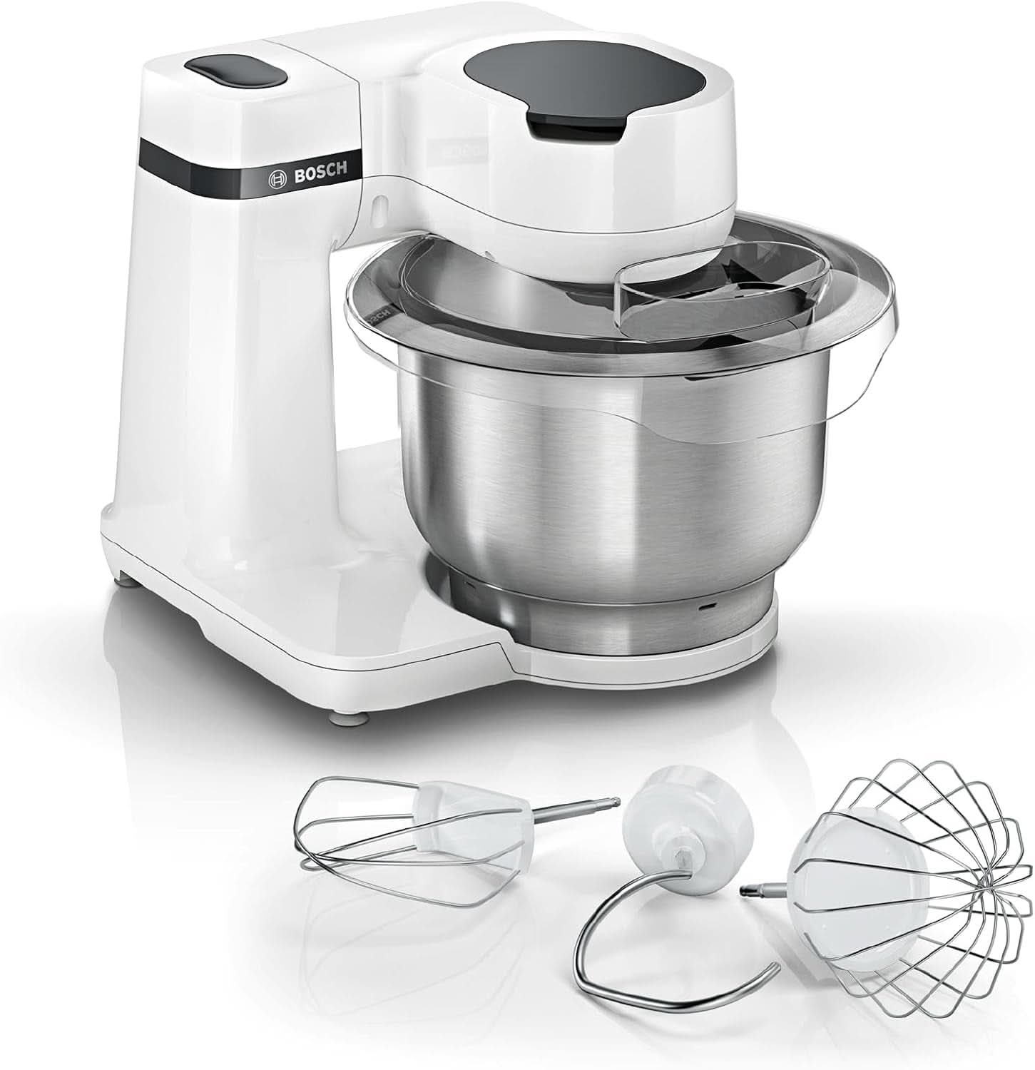 Bosch Küchenmaschine Serie 2 MUMS2EW00, Edelstahl-Schüssel 3,8 L, Planetenrührwerk, Knethaken, Schlag-, Rührbesen Edelstahl, 4 Arbeitsstufen, Durch Optiones Zubehör Erweiterbar, 700W, Weiß Kitchen Naty Shop