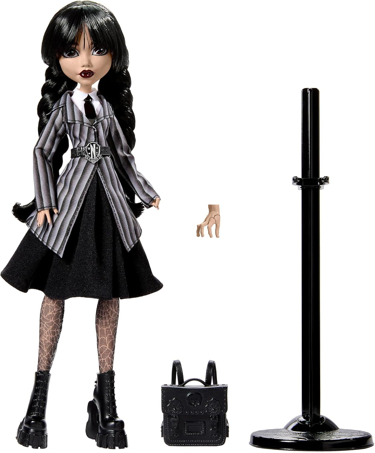 Monster High Wednesday Addams Figurka kolekcjonerska Wednesday Addams w mundurze Akademii Nevermore z lodowato zimną dłonią i plecakiem Stojak dla lalek HXJ04 Lalki Naty Shop