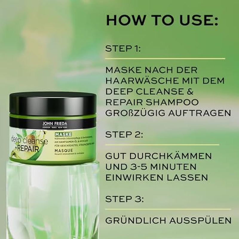 John Frieda - Deep Cleanse & Repair Mask / Kuracja - Zawartość: 250 ml - Z olejem z nasion konopi + odżywczym awokado - Kojąca maska do włosów zniszczonych Naty Shop maska do włosów