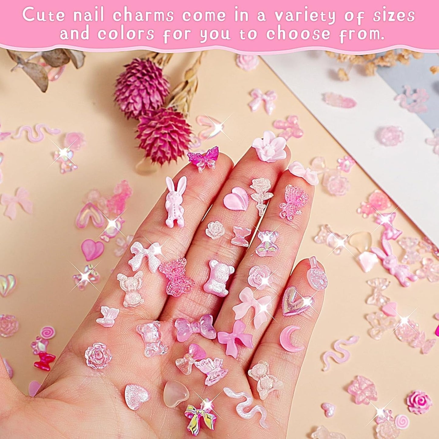 200 sztuk Charms do zdobienia paznokci 3D Zestaw dekoracji do zdobienia paznokci Łuk Wisiorek do paznokci Różowy Mieszany styl Łuk Kwiat Miś Lollipop Kształt serca Ozdobne zdobienie paznokci Dekoracje DIY Craft Nail Design
