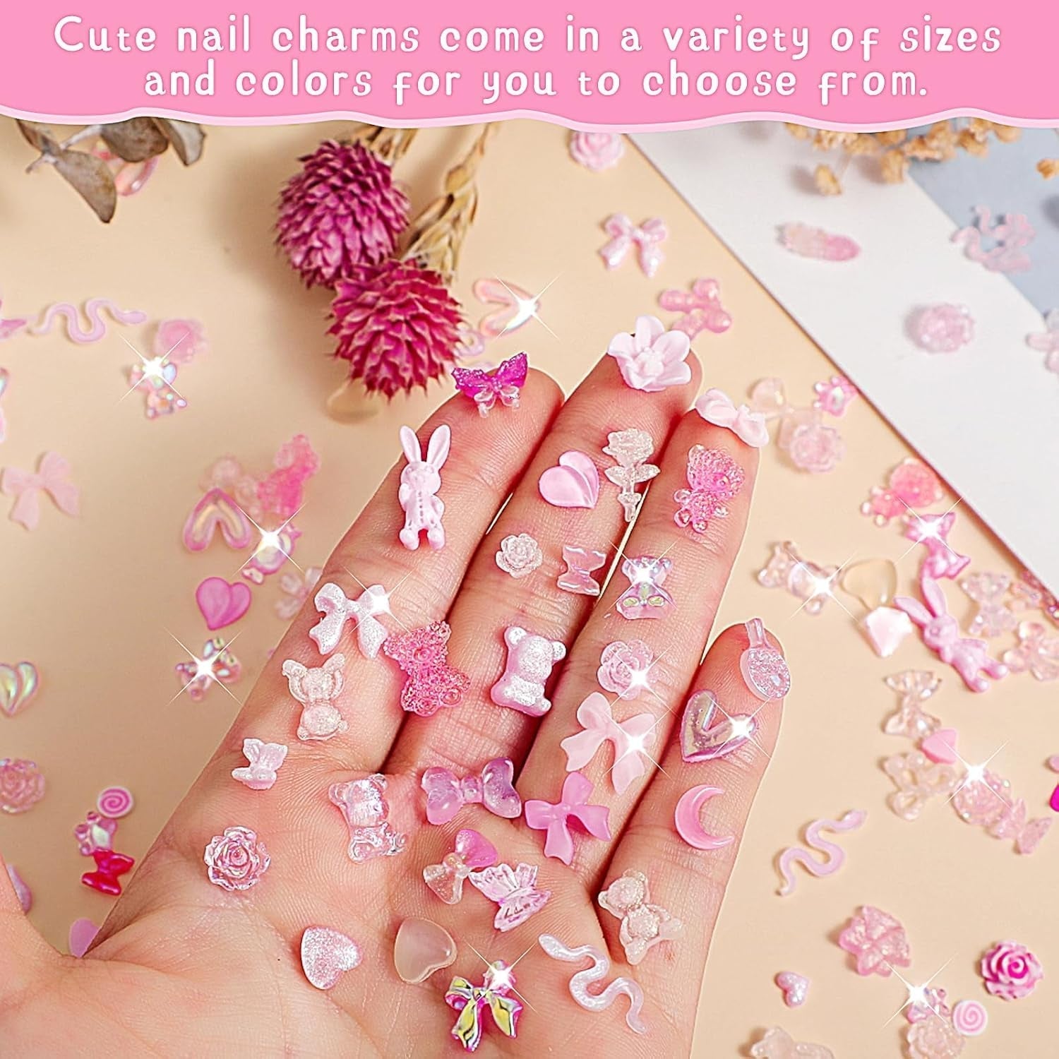 200 sztuk Charms do zdobienia paznokci 3D Zestaw dekoracji do zdobienia paznokci Łuk Wisiorek do paznokci Różowy Mieszany styl Łuk Kwiat Miś Lollipop Kształt serca Ozdobne zdobienie paznokci Dekoracje DIY Craft Nail Design