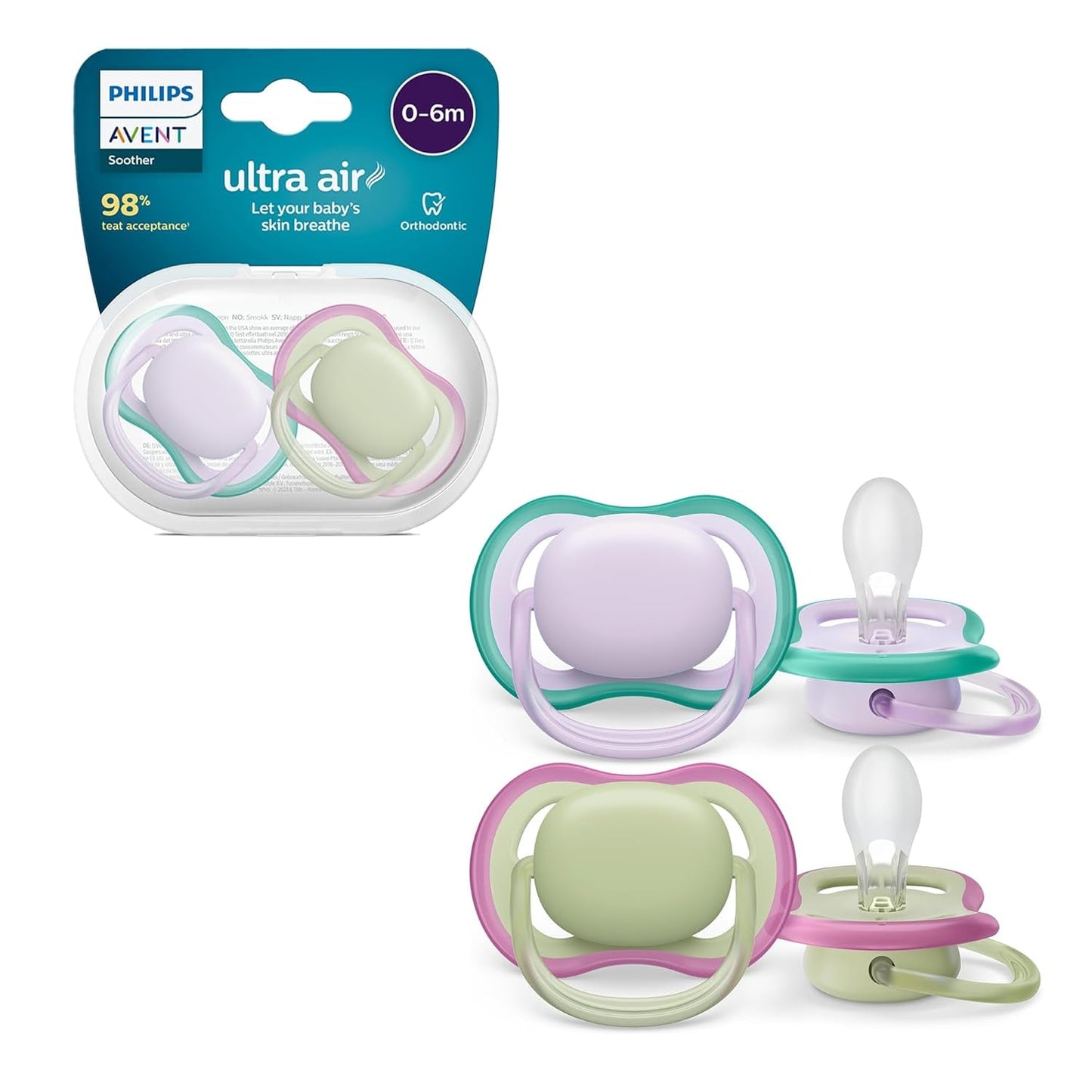 Smoczki Philips AVENT ultra air - Lekkie i oddychające smoczki dla dzieci w wieku 0-6 miesięcy, niezawierające BPA, z etui do przenoszenia jako sterylizator, 2 sztuki, model SCF085/24