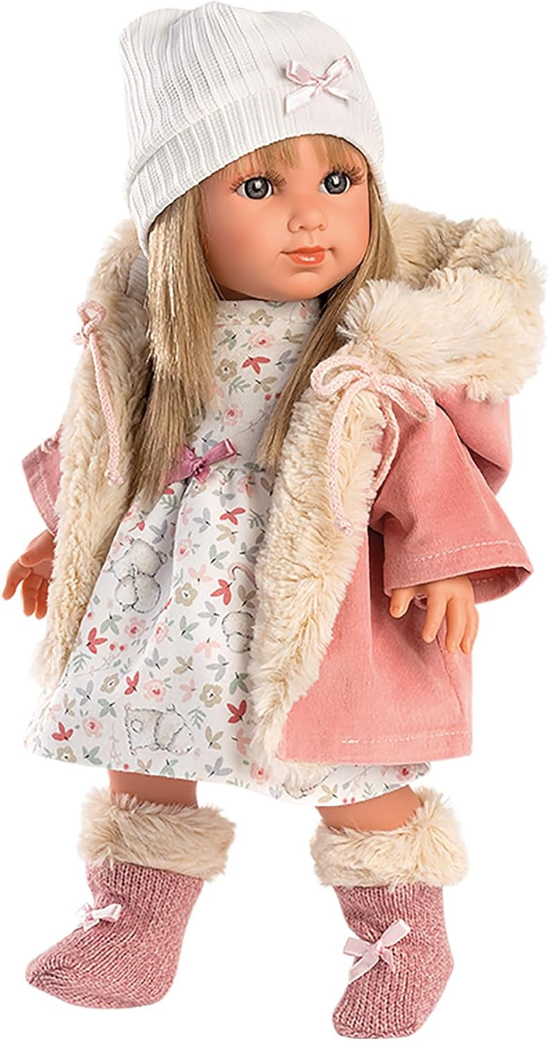 Llorens 1053541 Elena blond włosy, niebieskie oczy moda miękka lalka w zestawie modny strój z płaszczem z kapturem 35cm