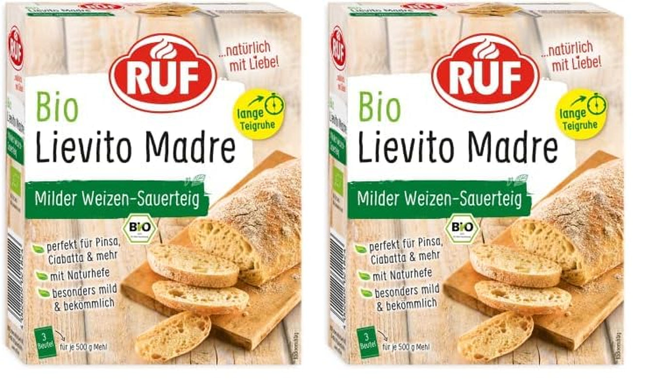 RUF Lievito Madre Sauerteig, Milder Weizen-Sauerteig, Mutterteig, Kurze Teigruhe Durch Enthaltene Trockenhefe, Lievito Madre Getrocknet Für Brot, Baguette, Focaccia, 3X35G Mieszanka do pieczenia i gotowania Naty Shop 105 G (2Er Pack) Lange Teigruhe