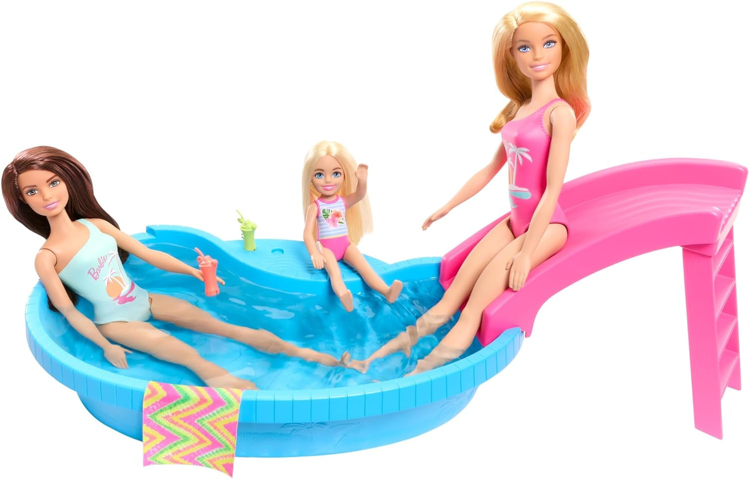 Lalka Barbie i akcesoria - basen ze zjeżdżalnią i akcesoriami do wielogodzinnej zabawy na słońcu, różowy kostium kąpielowy z tropikalnym wzorem, dla dzieci od 3 lat, HRJ74 Naty Shop Dollhouses