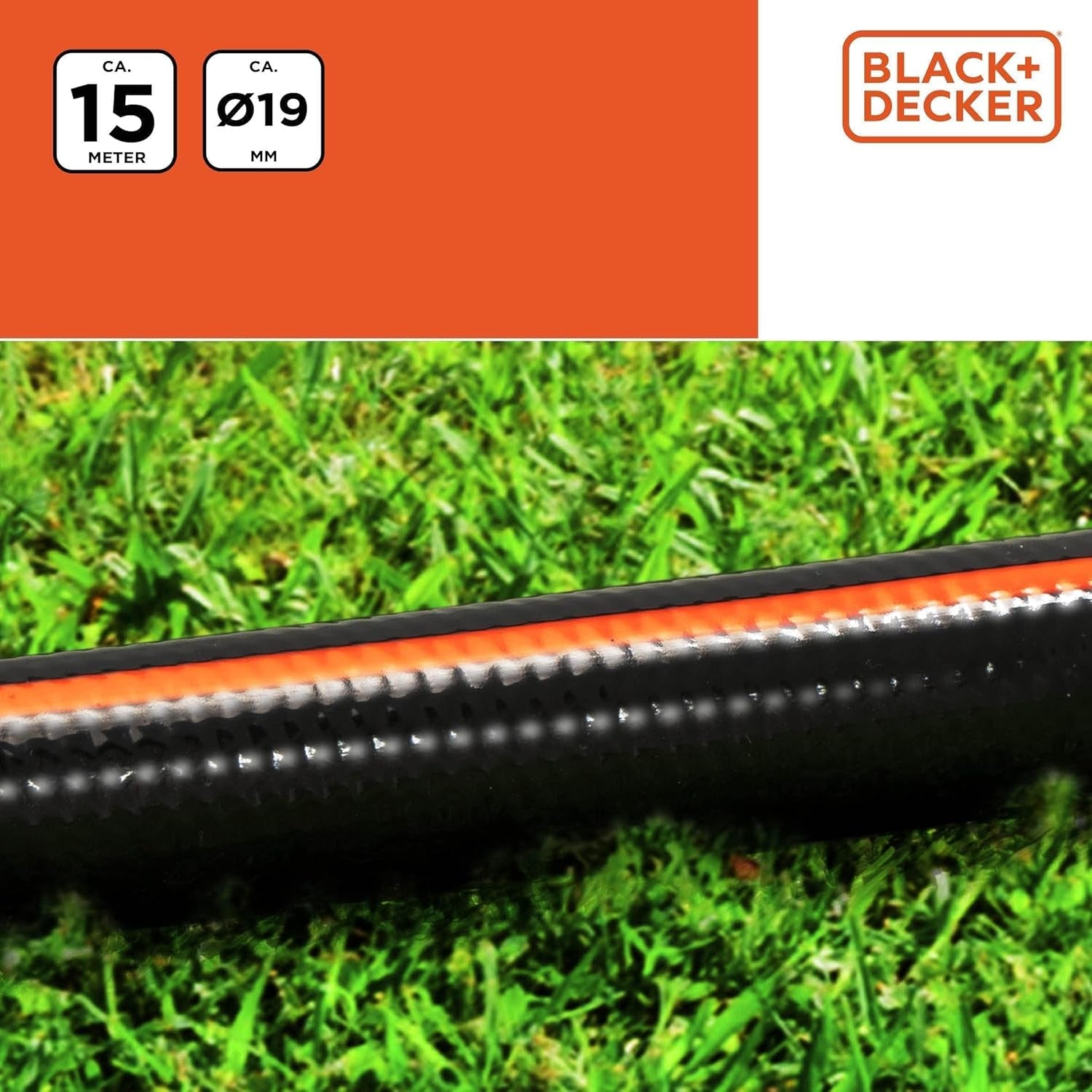 Wąż ogrodowy BLACK+DECKER 15 metrów - Ø19MM - Trwałe PCV - Podlewanie ogrodu, mycie samochodu, napełnianie basenu - Kompatybilny z każdym standardowym kranem - Czarny/Pomarańczowy