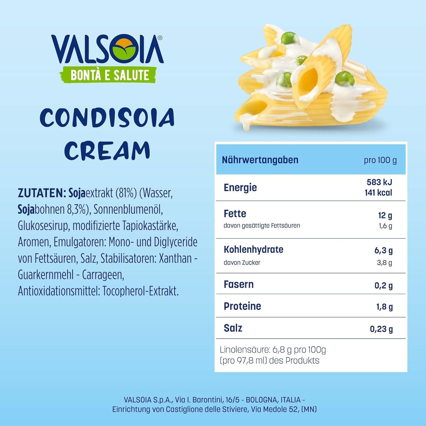 Condisoia krem, idealny krem ​​do gotowania dla osób z nietolerancją laktozy, wegan i wegetarian, wszechstronny w kuchni, 6 x 200 g