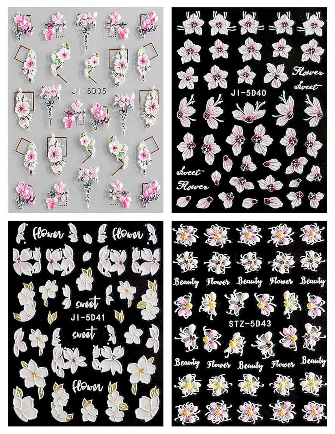 JMEOWIO 3D Nagelsticker Frühling Blume Nail Art Naklejka Selbstklebend Nagelaufkleber 5D Stereoskopisch Buntes Sommer Blumen Dekoration Nageldesign Zubehör 4 Blatt