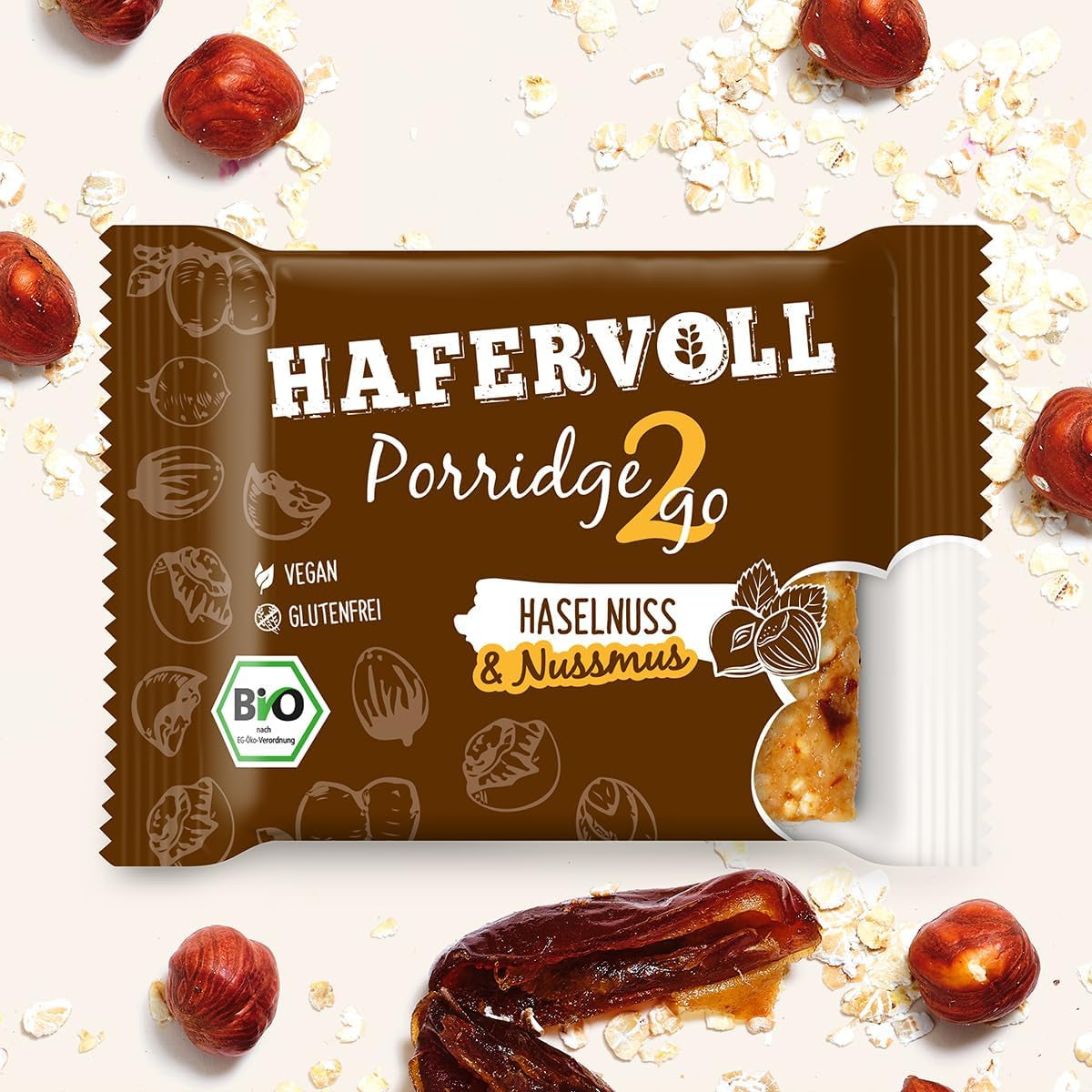 Hafervoll Porridge2go Masło orzechowe i orzechy, 13 batonów x 55 g - wegańska, organiczna, bezglutenowa, bez dodatku cukru przekąska, z owsem, daktylami i cukierkami Quinoa