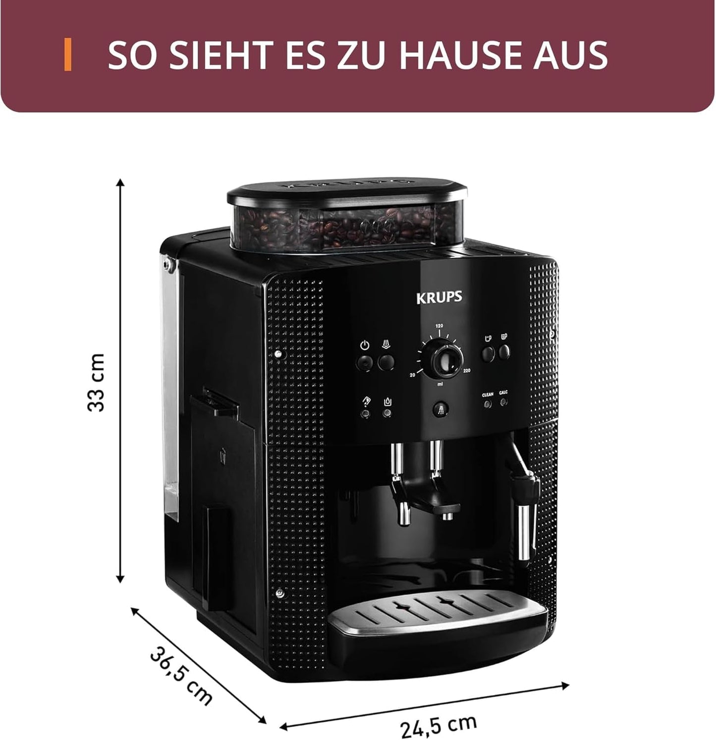 Ekspres automatyczny KRUPS Arabica Picto, kompaktowa konstrukcja, łatwa obsługa, intuicyjne regulowane pokrętło, spieniacz do mleka, funkcja 2 filiżanek, ekspres do kawy, czarny, EA810870