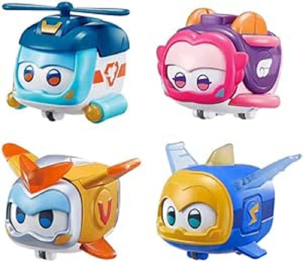 Super Wings Super Pets 4 szt. Shine, Golden Boy, Jerome, Ellie Przełączany wyraz twarzy Efekt błyskawicy Przenośna zabawka dla 3 4 5 6 7 8 lat Chłopiec Dziewczyna 2 cale Figurki Naty Shop 4 szt. A