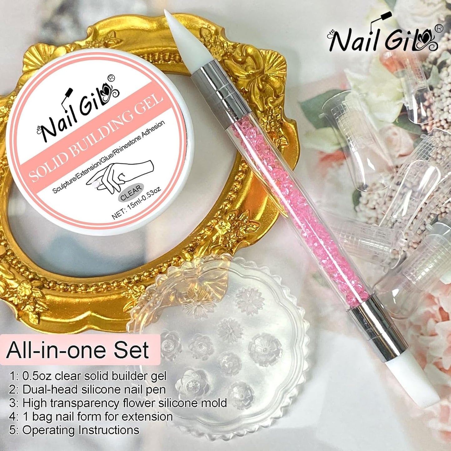 NAILGIL Stały żelowy lakier do paznokci, Stały żel do paznokci, Rzeźba 3D do paznokci z zestawem narzędzi, DIY Domowy salon, Przezroczysty 15G