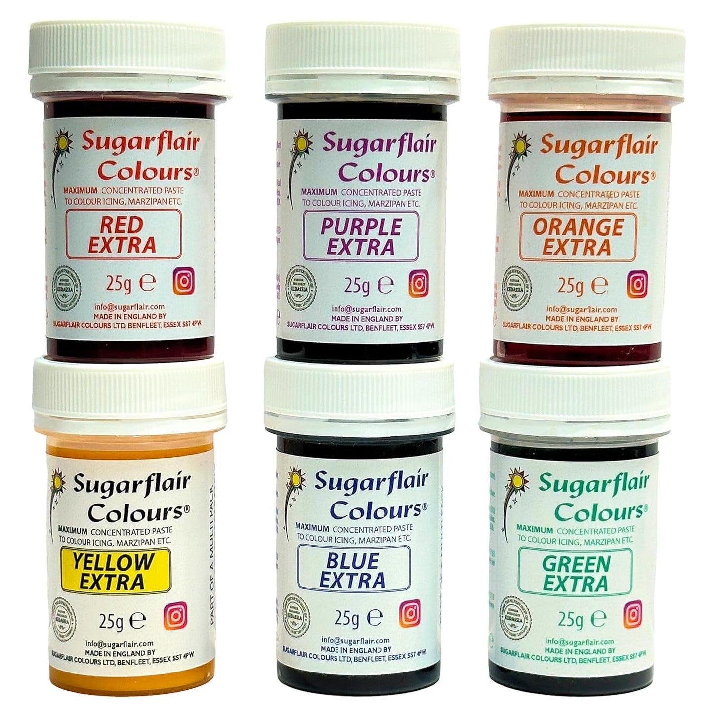 Sugarflair Max Skoncentrowany barwnik spożywczy zestaw/6, pasta barwnikowa Max Concentrate, EXTRA niebieski, czerwony, pomarańczowy, żółty, zielony, fioletowy - 6x25g