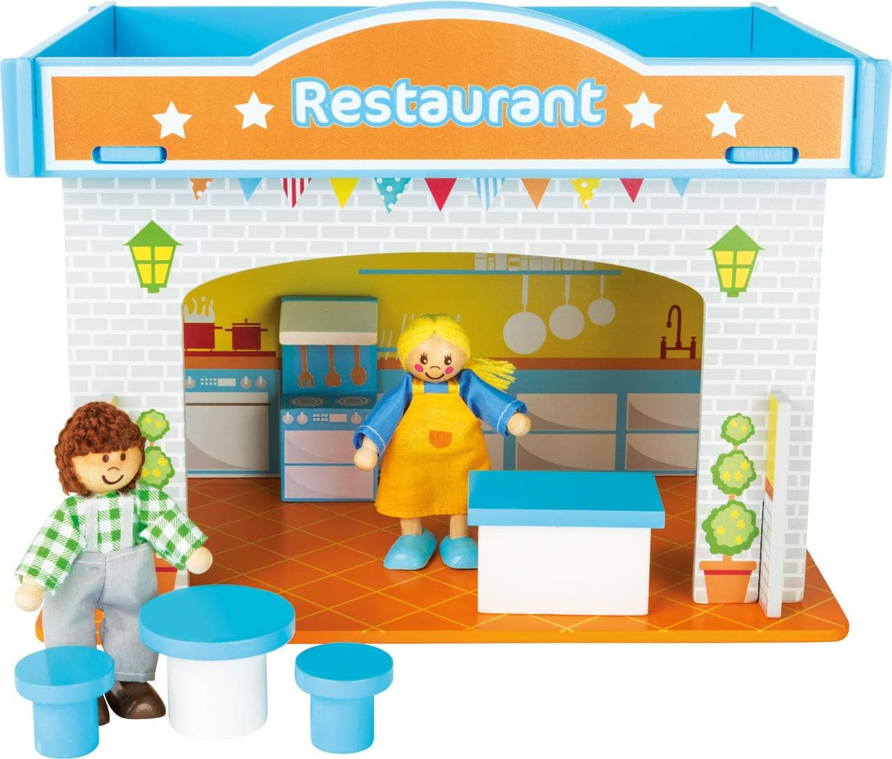 Small Foot 10852 Playhouse Restaurant Wykonane z drewna, z 2 figurkami lalek, akcesoriami i zdejmowanym dachem, od 3 lat Dollhouses Naty Shop Restaurant