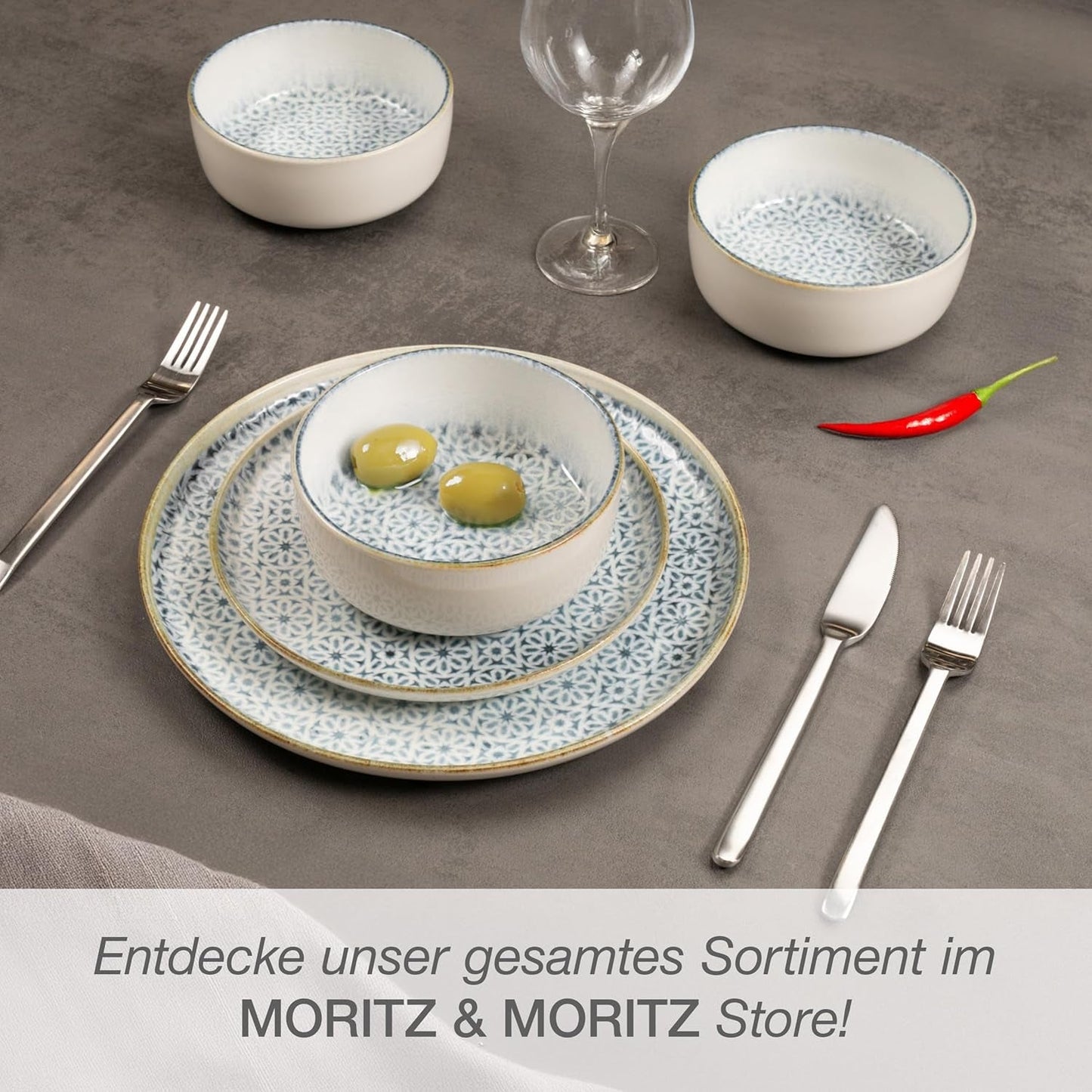 Zestaw naczyń obiadowych Moritz & Moritz ALHAMBRA na 6, 18 sztuk, wysokiej jakości porcelana - Nowoczesne niebieskie naczynia stołowe - Zestaw łatwy w pielęgnacji Zawiera 6 talerzy obiadowych, 6 talerzy deserowych i 6 misek