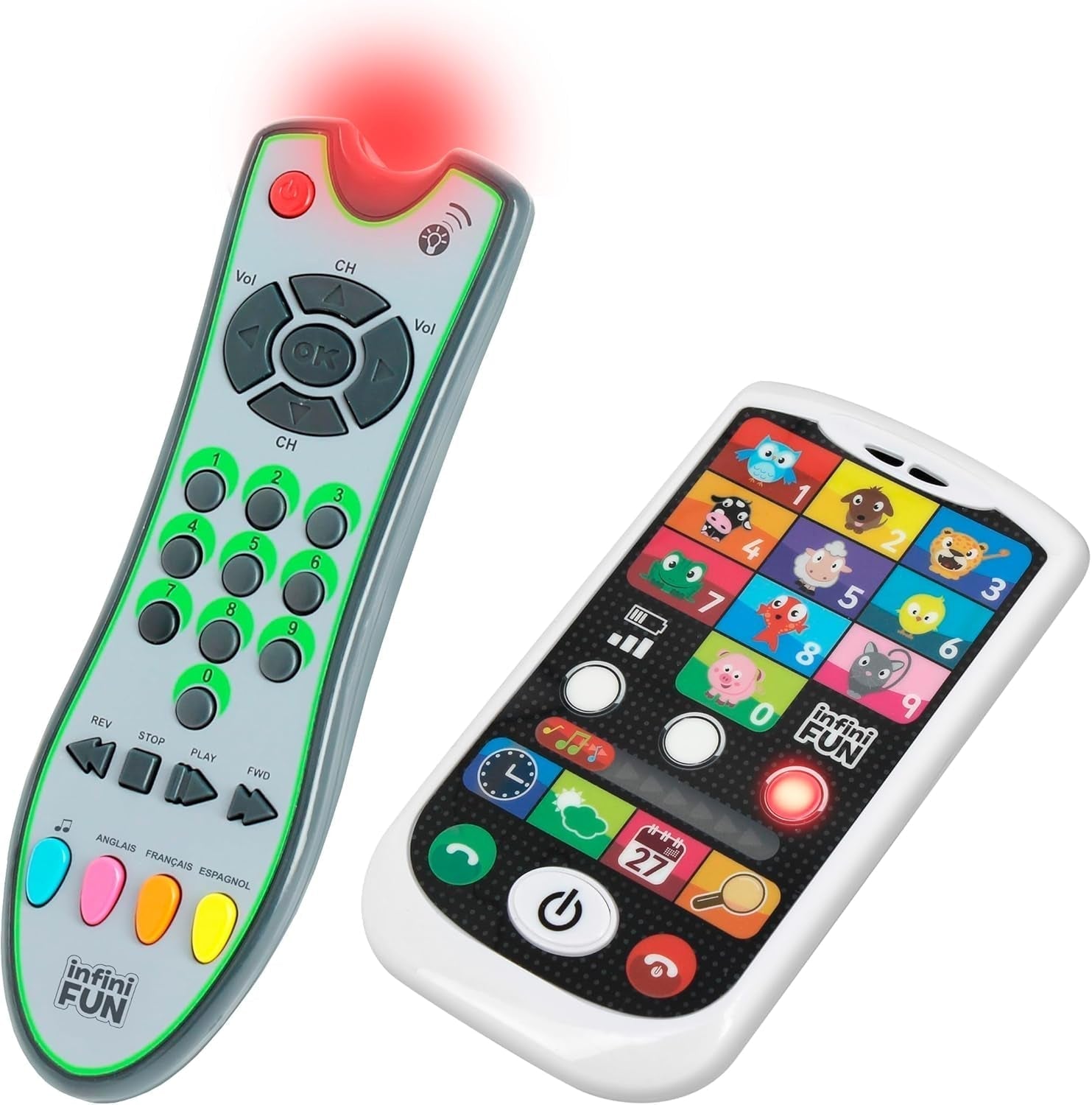 Zaawansowany telefon My Duo + pilot zdalnego sterowania — 1 trójjęzyczny pilot w języku francuskim/angielskim/hiszpańskim i 1 niezwykle realistyczny telefon — wielofunkcyjna zabawka edukacyjna od 12 lat. Zabawki Bebe Naty Shop